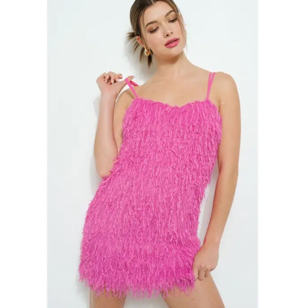 INA Barbie Core Feather-Textured Double Spaghetti Strap Mini‎ Dress NWT M